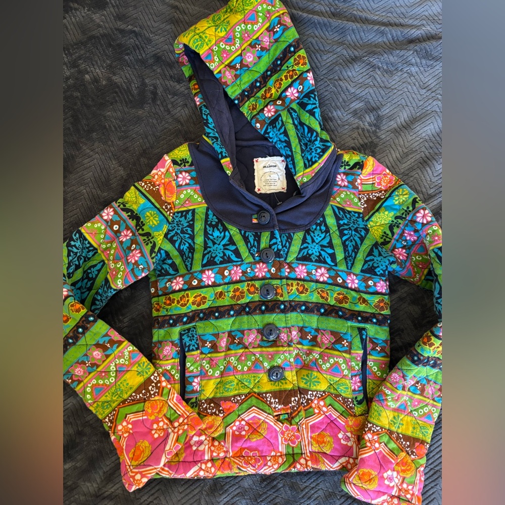 Allihop Quilted Hooded Cotton Jacket Boho Patchwork Colorful Coat - Picture 4 of 12